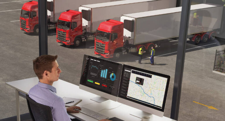 Fleet manager looking at Hino Connect telematics dashboard