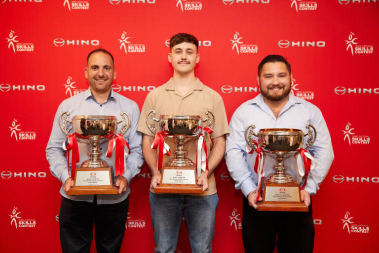 L-R Chris Biancucci (Sales), Luke Hanna (Parts) and Brandon Healey (WA Hino) were crowned winners of the 2023 National Skills Contest.