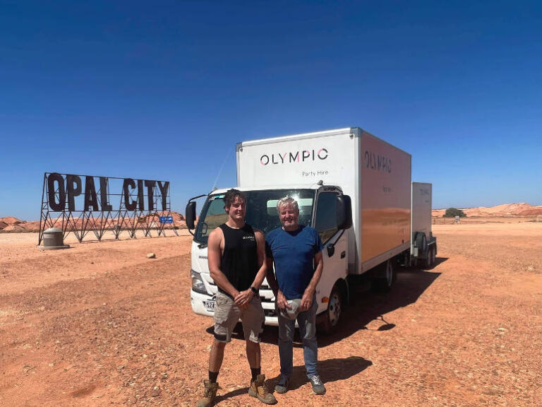 Matt and John from Oylmpic Party Hire in Adelaide with thier Hino truck