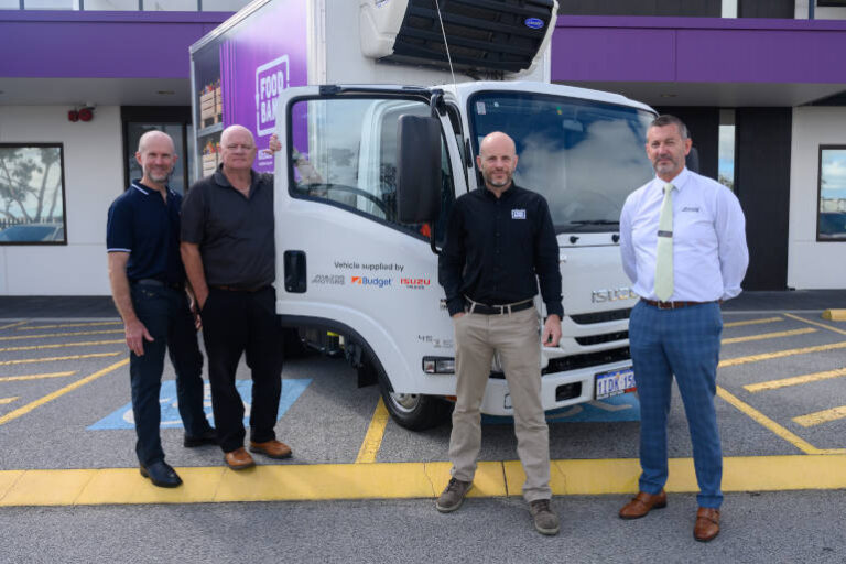 From left to right: Group Operations Manager of Busby Investments WA Brad Parker, Group General Manager & Director of Busby Investments WA John McShera, Senior Infrastructure & Logistics Manager of Foodbank WA Mike McLaren, Sales Manager at Major Motors Forrestfield Peter Dewar