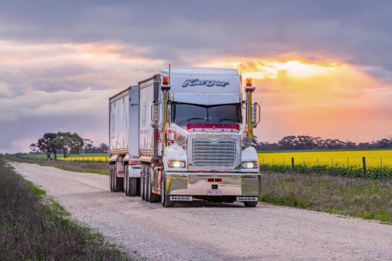 Mack super liner truck with multiple trailers